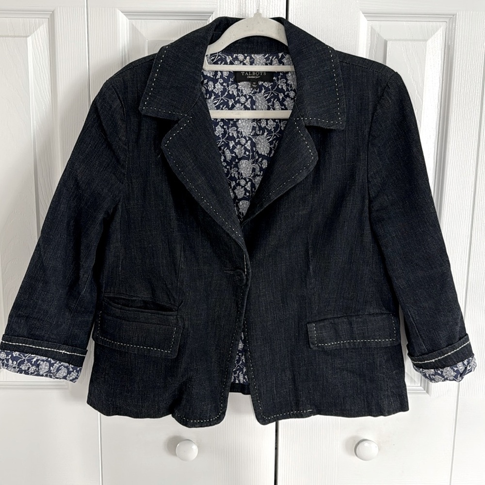 Talbots Dark Wash Denim Blazer Jacket Blue/White Stitching Floral Lining - 12 - Picture 1 of 8